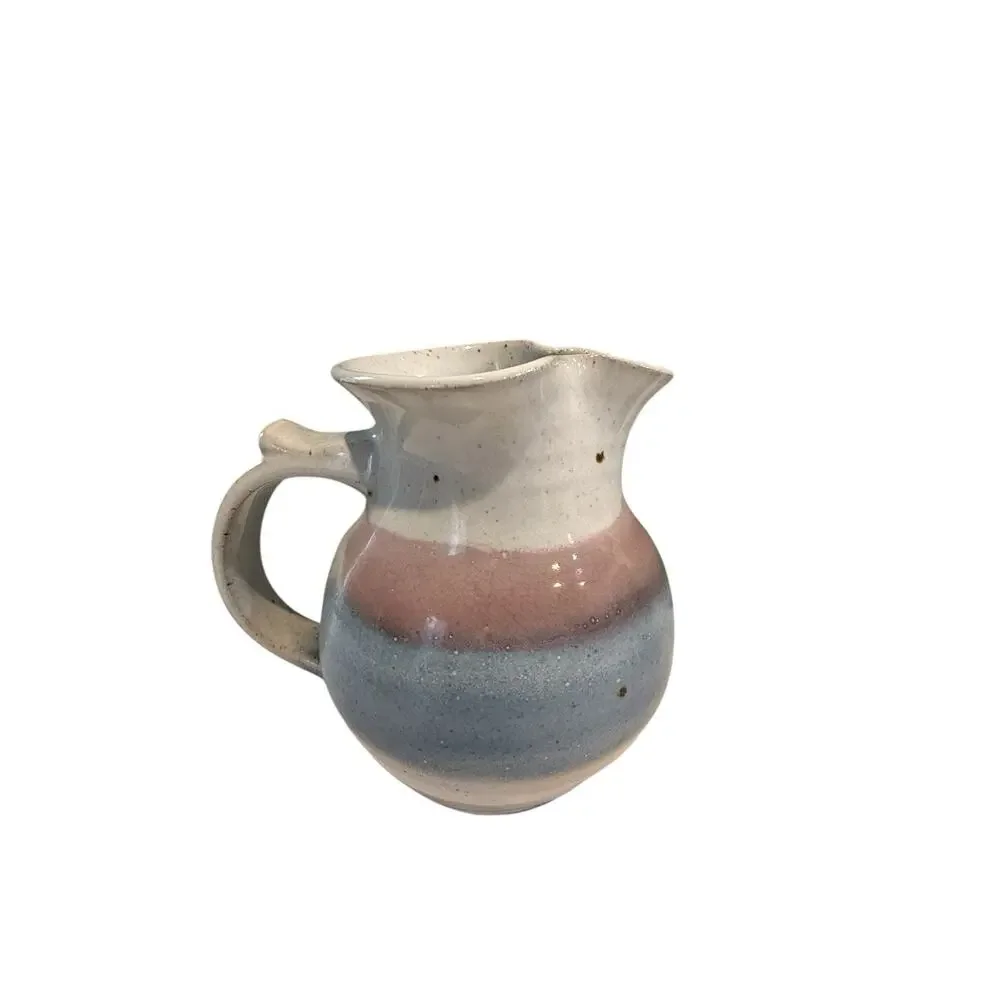 VTG Alewine Pottery Hand Thrown Glazed Pitcher Creamer 5.5” Pastel Pink Blue EUC